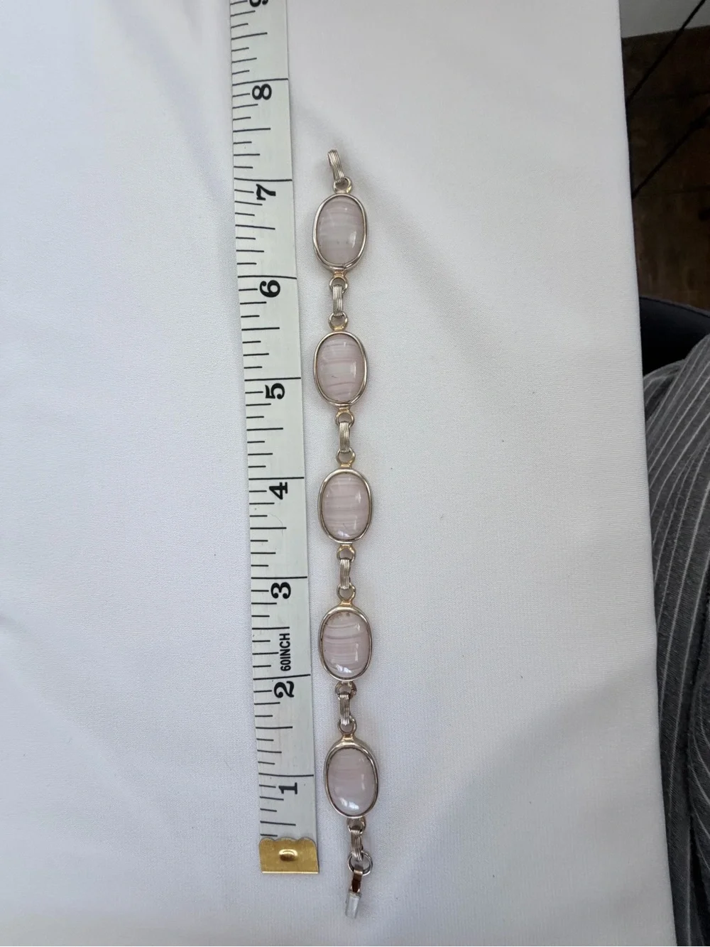 Silver Pink Glass Cabochon Link Bracelet - Sarah Coventry